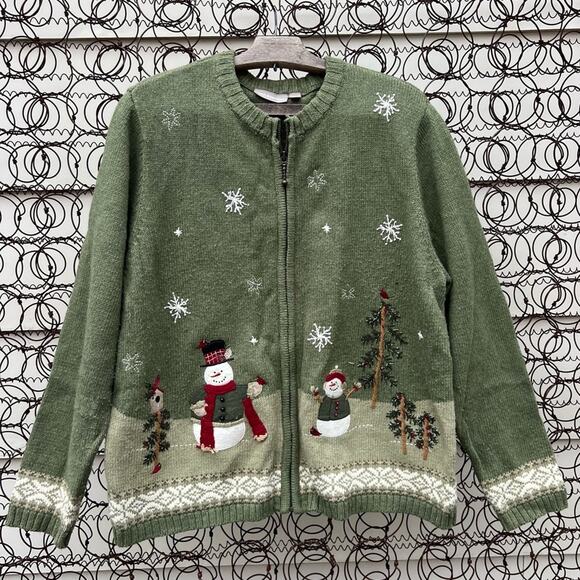 Rustic Americana snowman birdhouse pine tree ugly Christmas winter cardigan XL - Picture 1 of 6